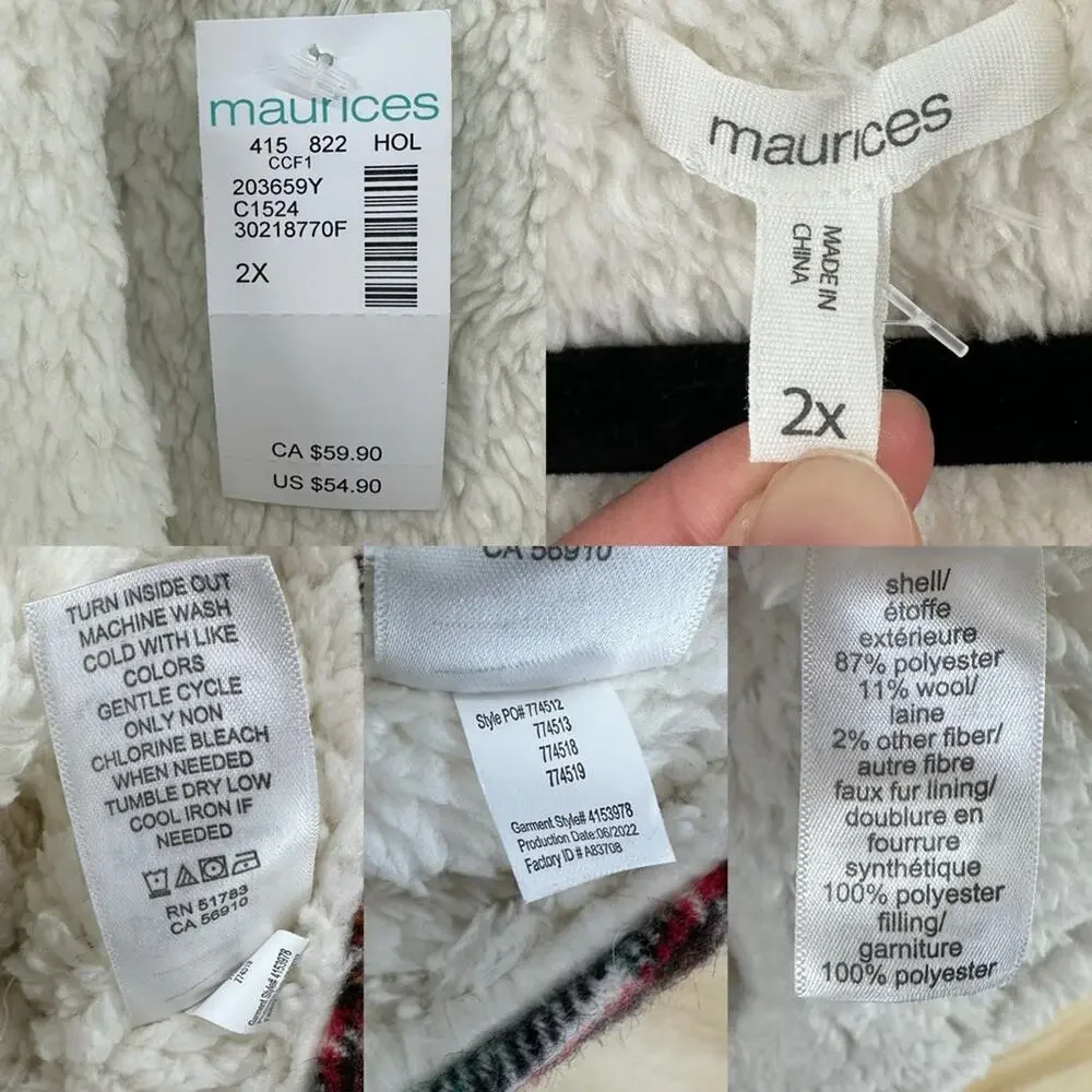 NWT Maurices plaid check Sherpa faux fur lined full zip vest women’s size 2x - Picture 6 of 8
